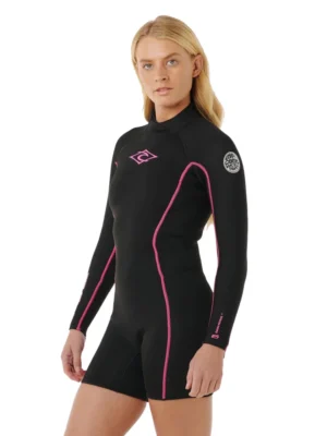 Short John Feminino Rip Curl Dawn Patrol 2/2 mm Manga Longa Zíper nas Costas Black Pink - Tam. 6/P